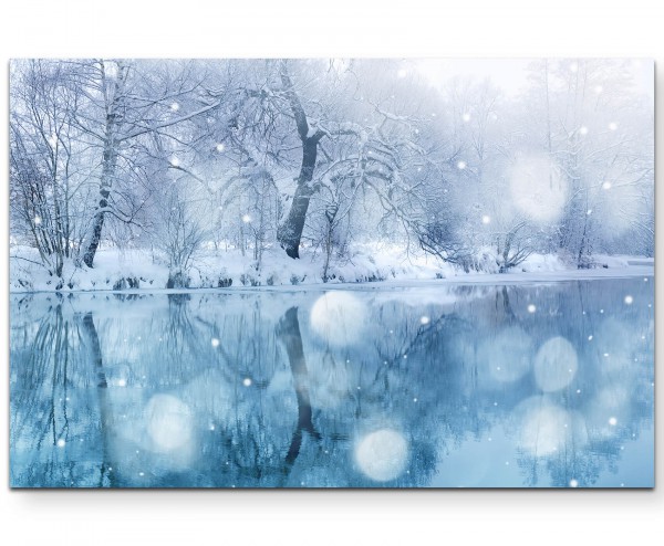 Fotografie  Winterlandschaft mit Fluss und Schneefall - Leinwandbild