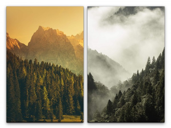 2 Bilder je 60x90cm Tannenwald Berge Nebel Natur Harmonisch Ruhig Still