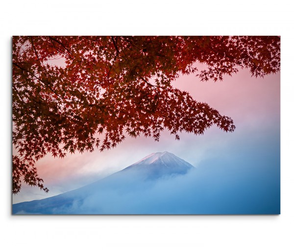 120x80cm Wandbild Fuji Berg Schnee Nebel Baum Dämmerung