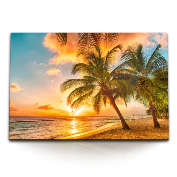 120x80cm Wandbild auf Leinwand Traumstrand Südseeparadies Palmen Meer Sonnenuntergang