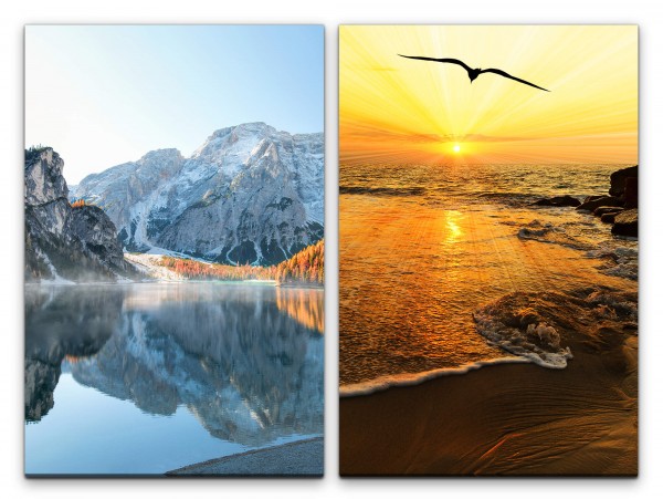 2 Bilder je 60x90cm Berge Klares Wasser Rein Meer Horizont Möwe Sonnenuntergang