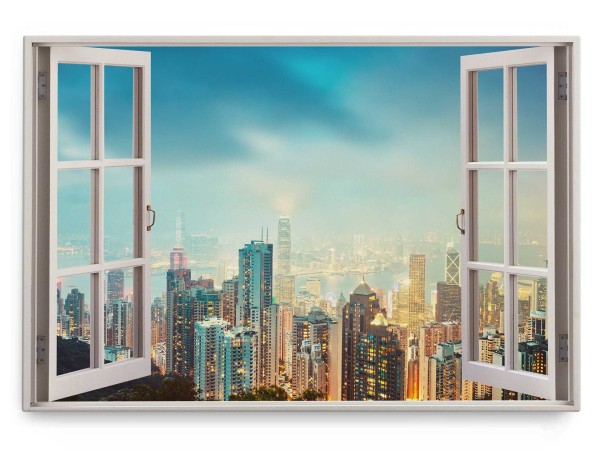 Wandbild 120x80cm Fensterbild Hongkong Skyline Hochhäuser Megacity Stadtlichter