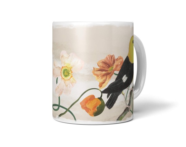 Dekorative Tasse mit schönem Vogel Motiv Singvogel Blumen einzigartiges Design Pastelltöne
