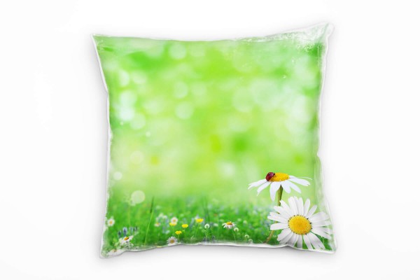 Blumen, grün, weiß, gelb, Magariten, Marienkäfer, Sommer Deko Kissen 40x40cm für Couch Sofa Lounge Z