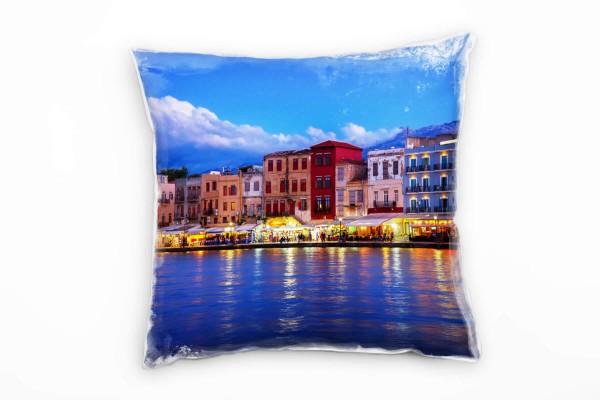 City, Nacht, Griechenland, Meer, blau, orange Deko Kissen 40x40cm für Couch Sofa Lounge Zierkissen
