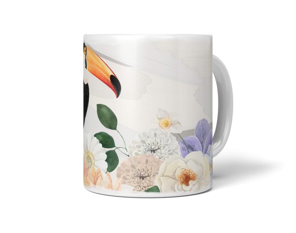 Dekorative Tasse mit schönem Vogel Motiv Riesentukan Tukan Blumen Blüten Kunstvoll