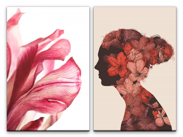2 Bilder je 60x90cm Blumen Rot Silhouette Frau Romantisch Vintage Chic