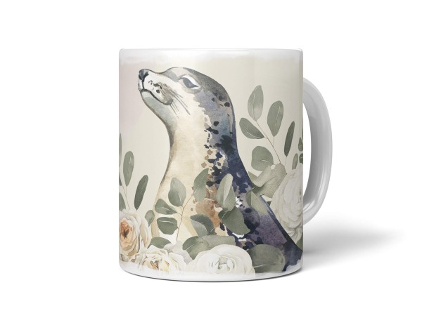 Dekorative Tasse mit schönem Motiv Seehund Robbe Blumen Wasserfarben Vintage Pastelltöne