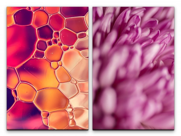 2 Bilder je 60x90cm Fotokunst Wasserblasen Farbenfroh Blüten Dekorativ Rot Rosa