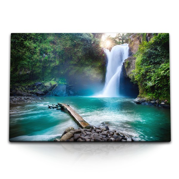 120x80cm Wandbild auf Leinwand Wasserfall Dschungel Tropisch Indonesien Sonnenstrahl