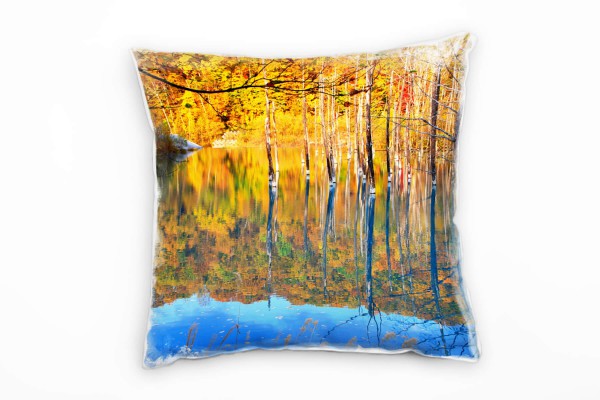 Herbst, Spiegelung, Wald, orange, blau Deko Kissen 40x40cm für Couch Sofa Lounge Zierkissen