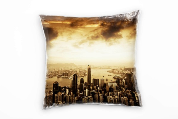 Urban und City, sepia, Hongkong, Sonnenuntergang Deko Kissen 40x40cm für Couch Sofa Lounge Zierkisse
