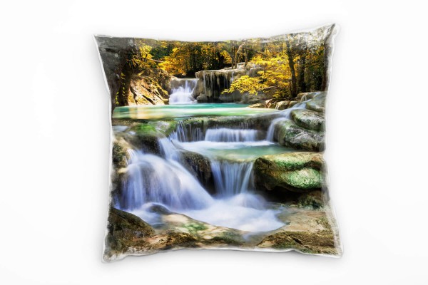 Natur, grün, türkis, braun, Wasserfall, Thailand Deko Kissen 40x40cm für Couch Sofa Lounge Zierkisse