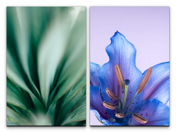 2 Bilder je 60x90cm Blumen Blüten Grün Blau Flora Kunstvoll Dekorativ