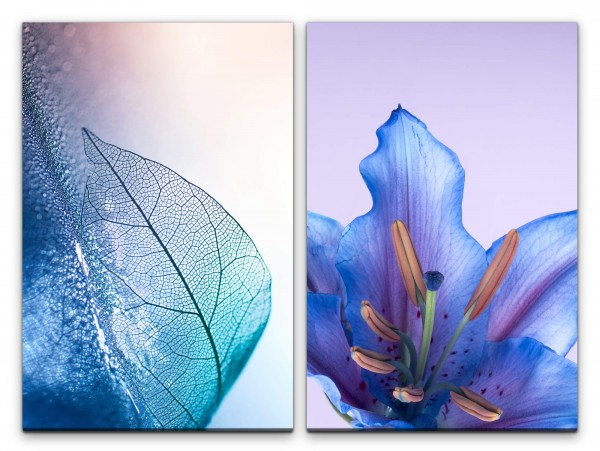 2 Bilder je 60x90cm Fotokunst Blume Blüte Blau Blatt Blattstruktur Dekorativ