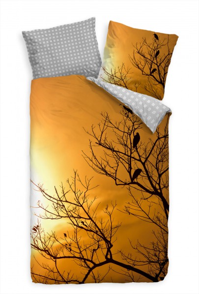 Vgel Sonnenaufgang Baum Orange Bettwäsche Set 135x200 cm + 80x80cm Atmungsaktiv
