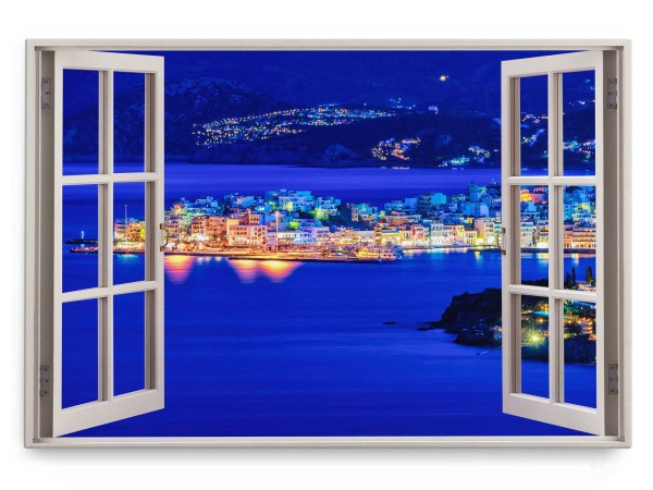 Wandbild 120x80cm Fensterbild Küstenstadt bei Nacht Blau Dunkelblau Stadtlichter