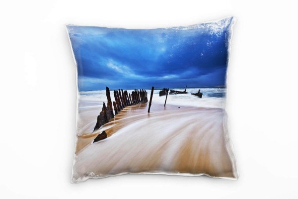 Strand und Meer, braun, blau, dunkler Himmel, Wellen Deko Kissen 40x40cm für Couch Sofa Lounge Zierk