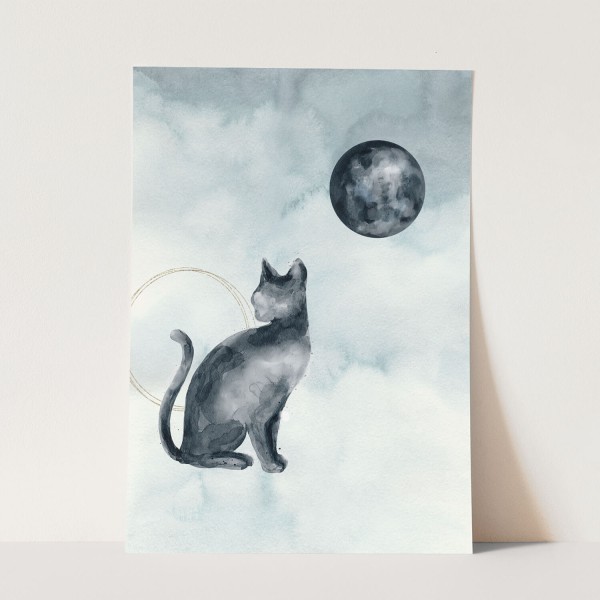 Wandbild Tier Motiv Katze Vollmond Mond Wasserfarben Mystisch Astrologie