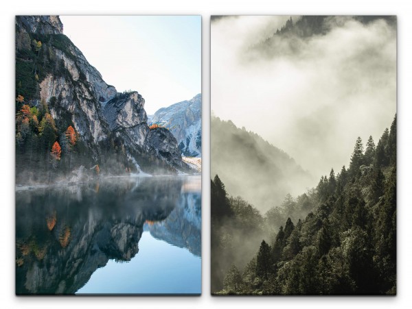 2 Bilder je 60x90cm Berge See reines Wasser Wolken Tannenwald Natur Stille