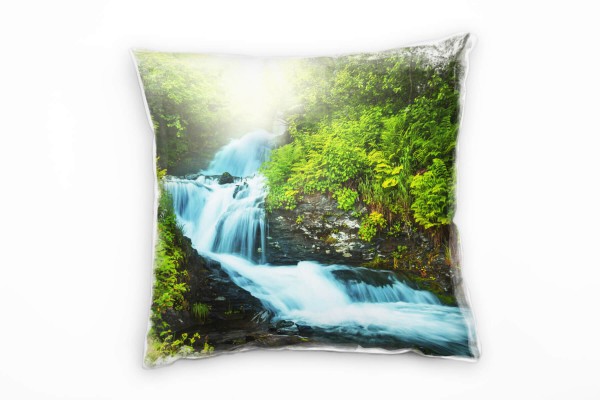 Natur, braun, blau, grün, Wald, Wasserfall Deko Kissen 40x40cm für Couch Sofa Lounge Zierkissen