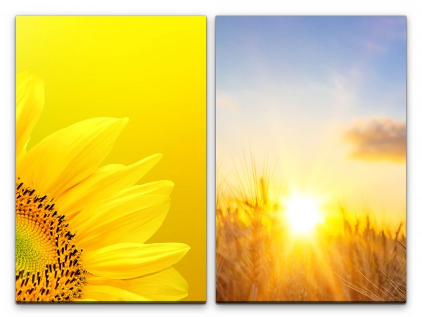 2 Bilder je 60x90cm Sonnenblume Gelb Weizenfeld Sommer Sonnenschein Sonne Himmel