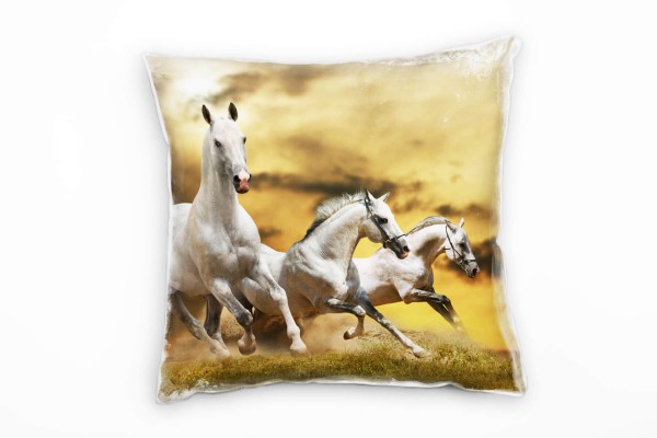 Tiere, weiß, orange, drei weiße Pferde Deko Kissen 40x40cm für Couch Sofa Lounge Zierkissen