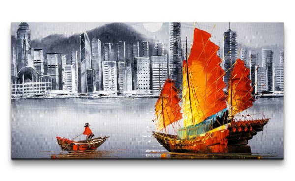 Leinwandbild 120x60cm Fluss Schiff Großstadt China Wolkenkratzer Malerisch Kunstvoll