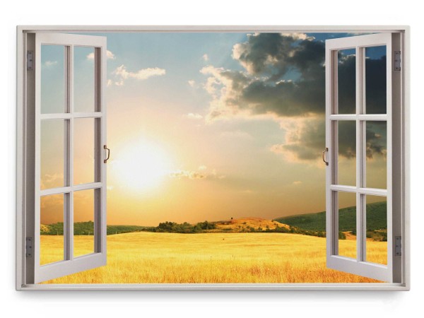 Wandbild 120x80cm Fensterbild Weizenfeld Feld Natur Sonnenuntergang Sommer