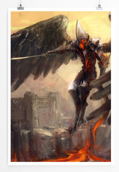 60x90cm Bild eines apokalyptischen Kriegers mit schwarzen Flügeln