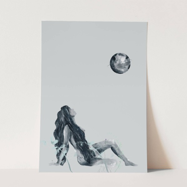 Junge Frau im Mondlicht Vollmond Aquarellmotiv Wunderschön Dekorativ