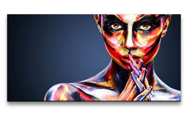 Leinwandbild 120x60cm Junge Frau Porträt Make Up Farben Bunt Kunstvoll