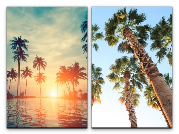 2 Bilder je 60x90cm Palmen Traumurlaub Sommer Sonnenuntergang Karibik Südsee Sonnenschein
