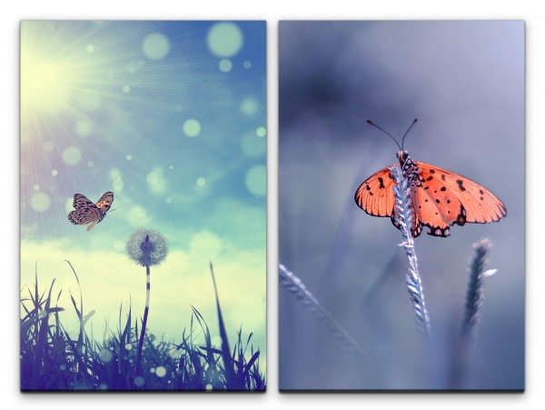 2 Bilder je 60x90cm Sommer Schmetterling Pusteblume Sommerwiese Sonnenschein Violett Makro