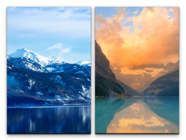 2 Bilder je 60x90cm Kanada Berge Landschaft See Reflexion Wolken Schneegipfel