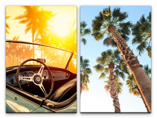 2 Bilder je 60x90cm Palmen Sommer Kalifornien Oldtimer Traumauto Traumurlaub Sonnenschein