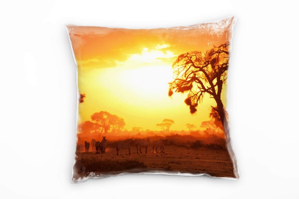 Tiere, Zebras, Sonnenuntergang, Afrika, orange Deko Kissen 40x40cm für Couch Sofa Lounge Zierkissen