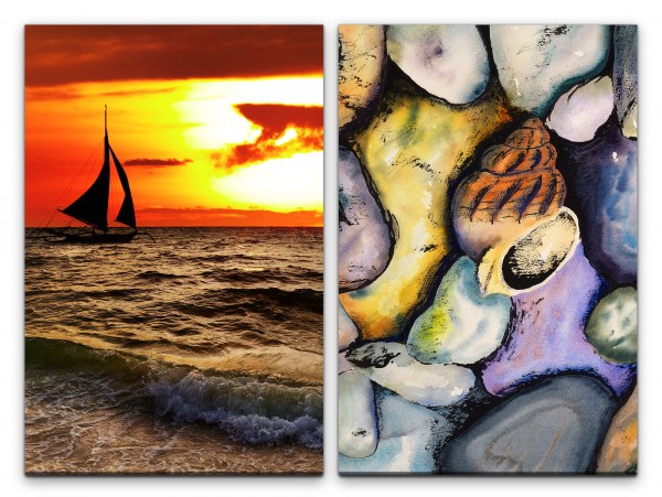 2 Bilder je 60x90cm Segelboot Meer Muscheln Malerisch Abendröte roter Himmel Sonnenuntergang