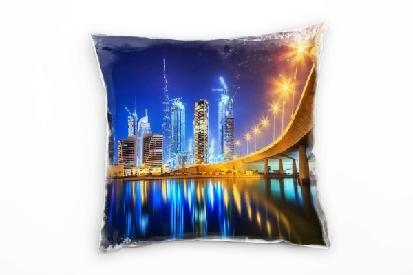 City, Dubai, Nacht, Spiegelung, blau, orange Deko Kissen 40x40cm für Couch Sofa Lounge Zierkissen