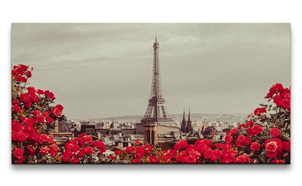 Leinwandbild 120x60cm Paris Eiffelturm Rosen Rosenbüsche Romantisch Liebe