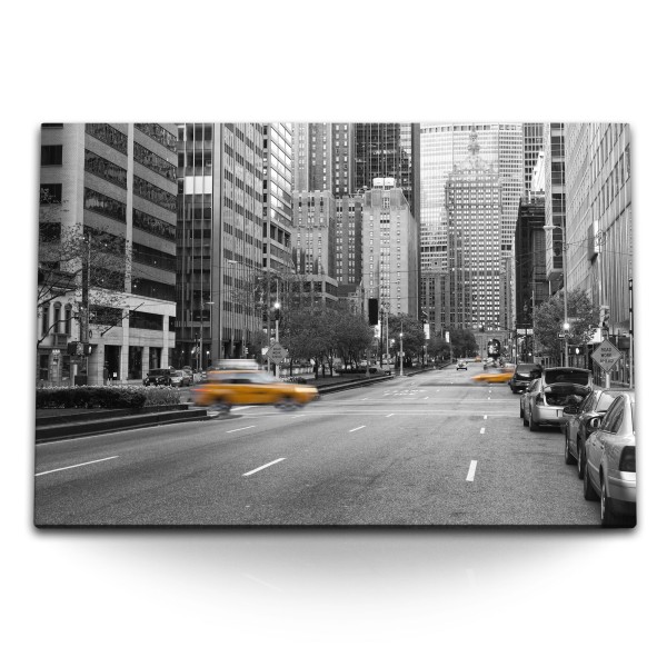 120x80cm Wandbild auf Leinwand New York Gelbe Taxis Schwarz Weiß Hochhäuser