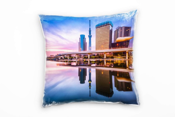 City, Tokio, Japan, Abend, Spiegelung, rosa, blau Deko Kissen 40x40cm für Couch Sofa Lounge Zierkiss