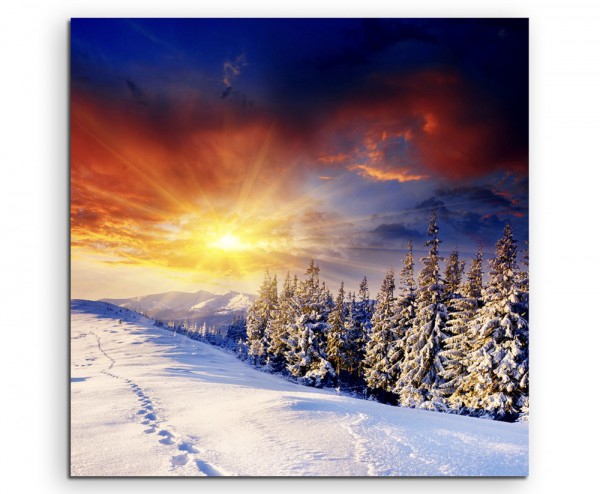 Landschaftsfotografie – Bunter Sonnenaufgang in Schneelandschaft auf Leinwand