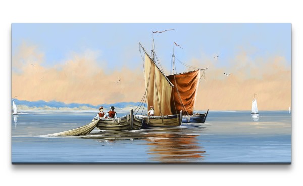 Leinwandbild 120x60cm Boote Meer Malerisch Romantisch Horizont Himmel