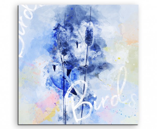 Vögel im Schilf in Blautönen mit Kalligraphie