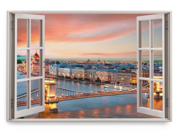 Wandbild 120x80cm Fensterbild Budapest Altstadt Fluss Stadtlichter Horizont Sonnenuntergang