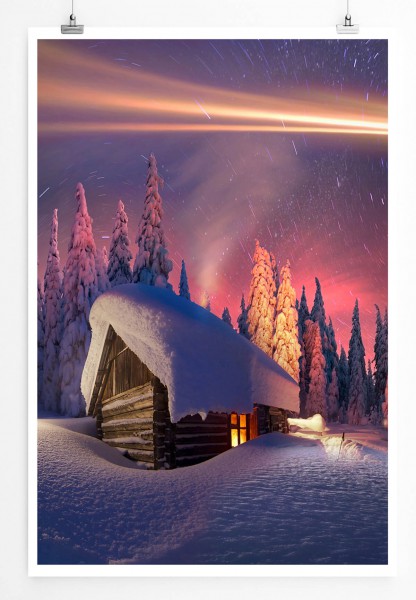 Digitale Grafik 60x90cm Poster Einsame Hütte im Winterwald