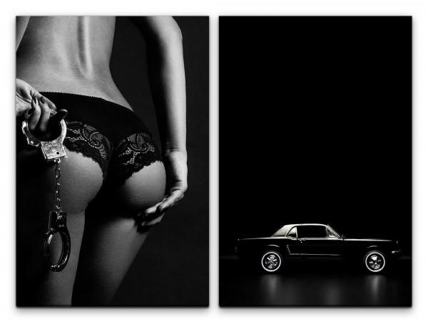 2 Bilder je 60x90cm Ford Mustang Sexy Dessous Handschellen Akt Erotisch Schwarz Weiß