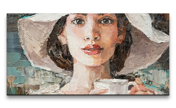 Leinwandbild 120x60cm Junge Frau mit Hut Schönheit Malerisch Kunstvoll Tee