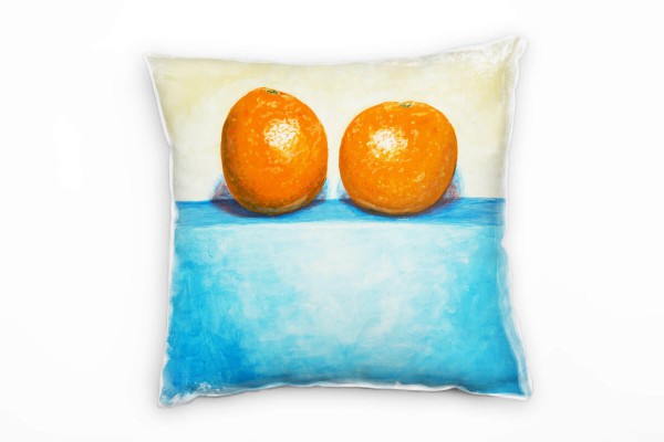 Natur, orange, blau, gemalt, zwei Orangen Deko Kissen 40x40cm für Couch Sofa Lounge Zierkissen
